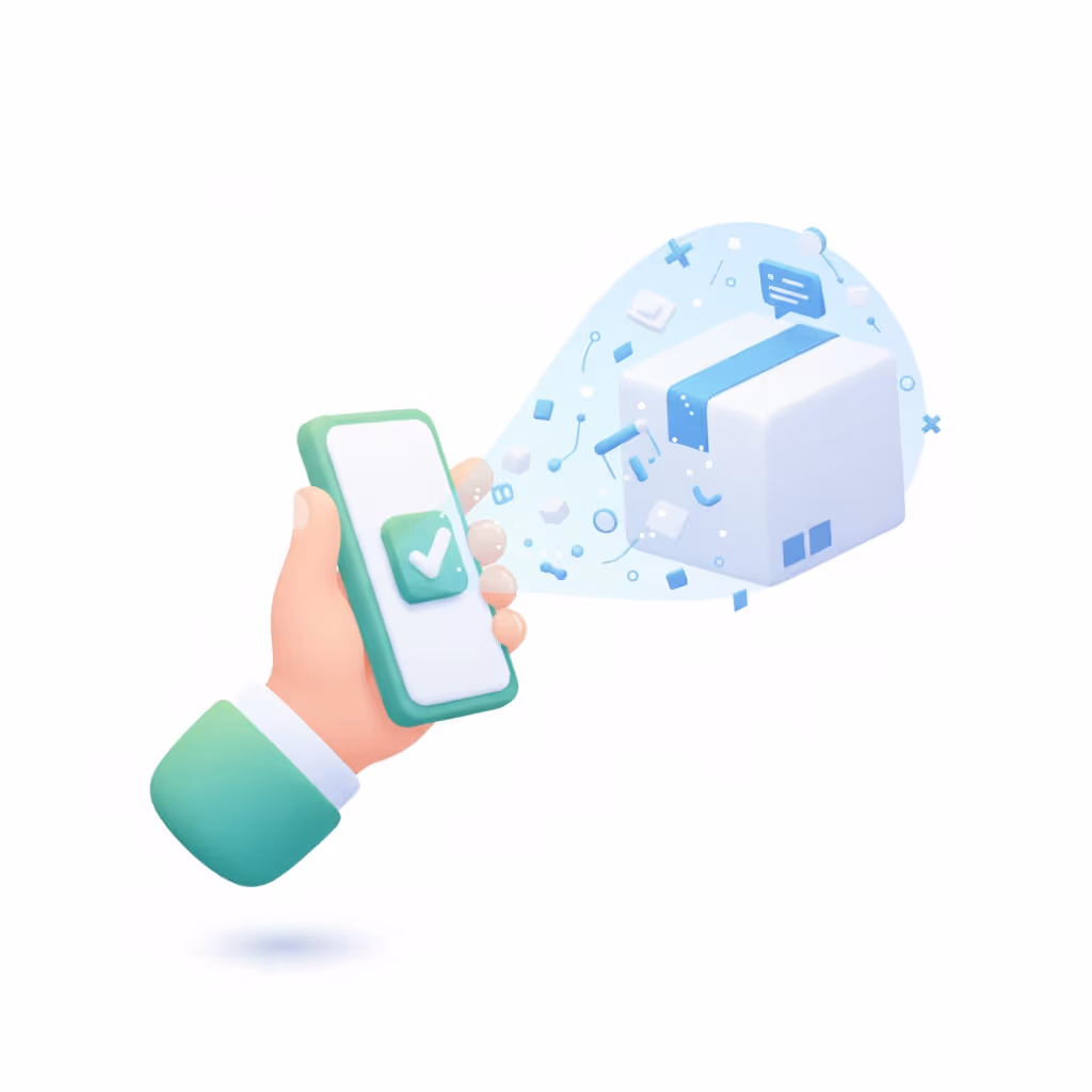 Hand holding a smartphone displaying a checkmark, with a floating package surrounded by digital icons in the background.