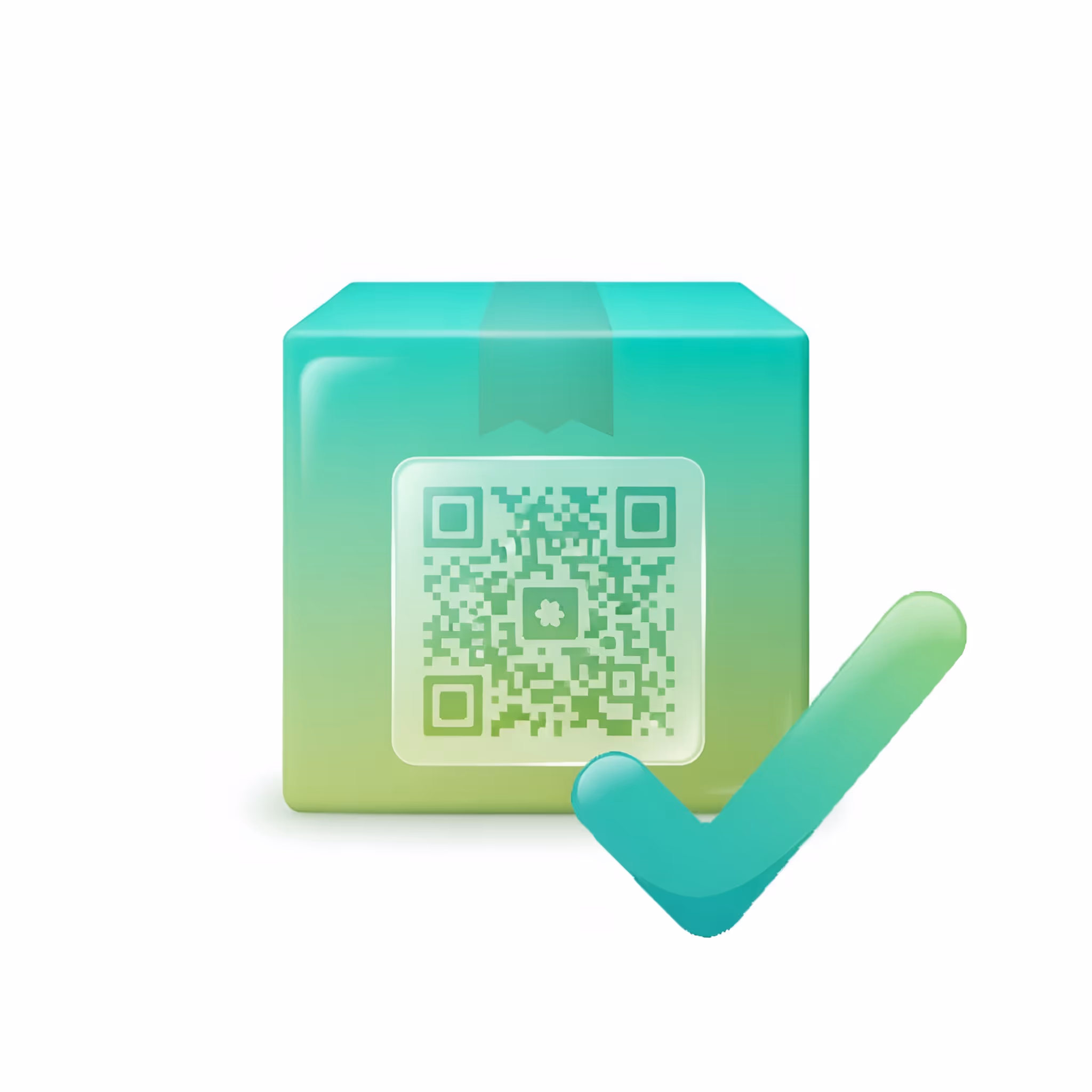 Green gradient package with a QR code on its front and a blue-green check mark in front of it.
