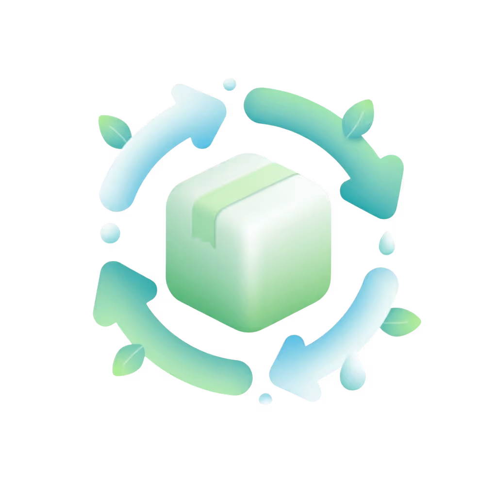 Green package surrounded by circular arrows and small leaves symbolizing eco-friendly recycling or circular packaging.