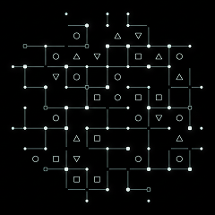 Diagram of interconnected nodes and lines with geometric shapes including circles, triangles, and squares on a black background.