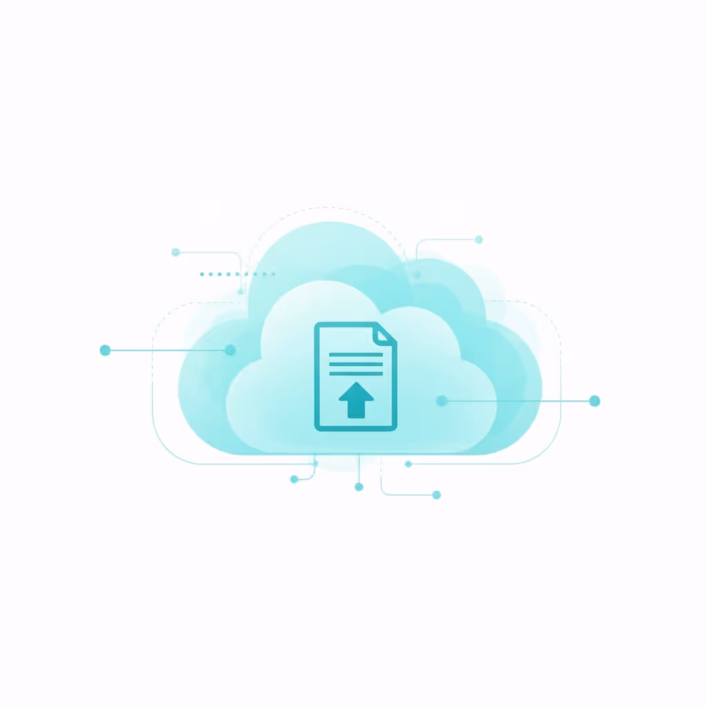 Abstract blue cloud icon with a document and upload arrow symbolizing cloud data upload and connectivity.