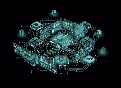 3D digital network visualization with floating data screens and interconnected microchips on black background.