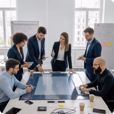 Five business professionals collaborating around a large interactive table in a bright meeting room with whiteboards.