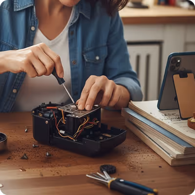 Person repairing a camera using a screwdriver on a wooden table with books and a smartphone nearby.