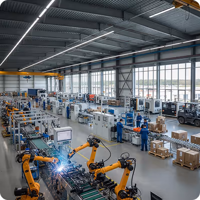 Modern factory assembly line with robotic arms welding metal parts and workers monitoring production.