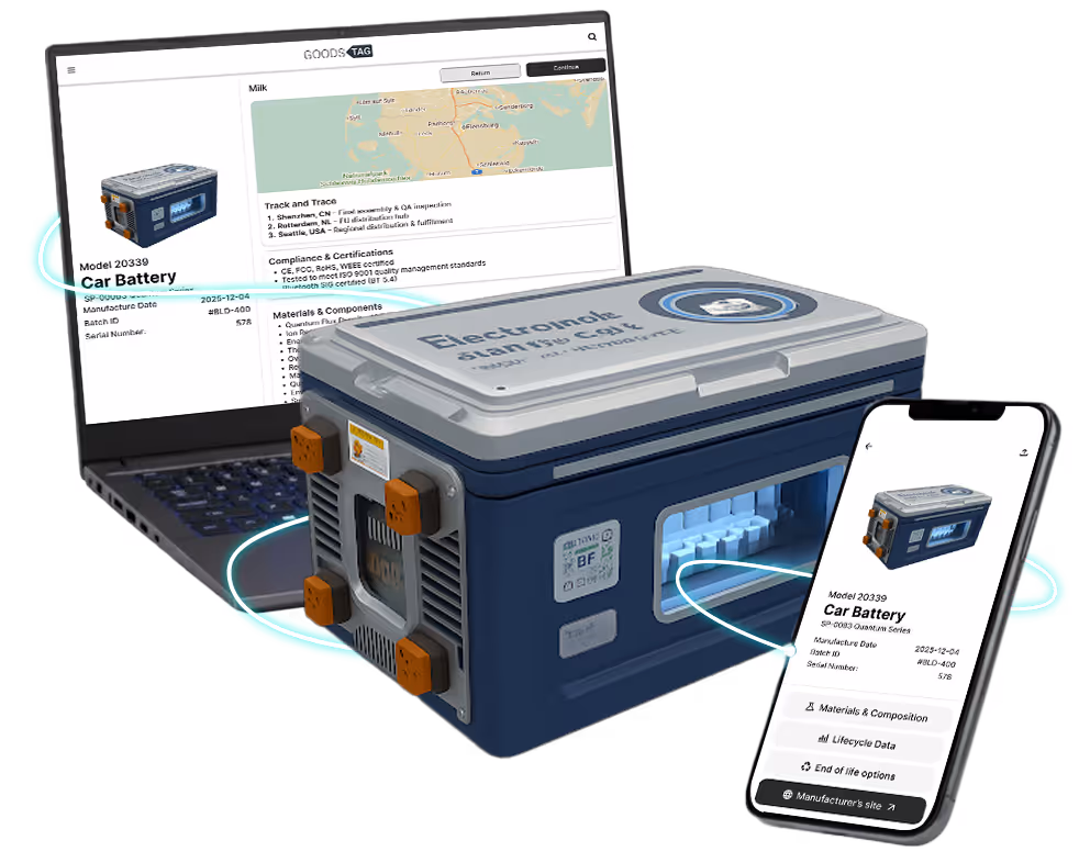 3D model of a car battery connected digitally to a laptop displaying product details and a smartphone showing the battery's information page.