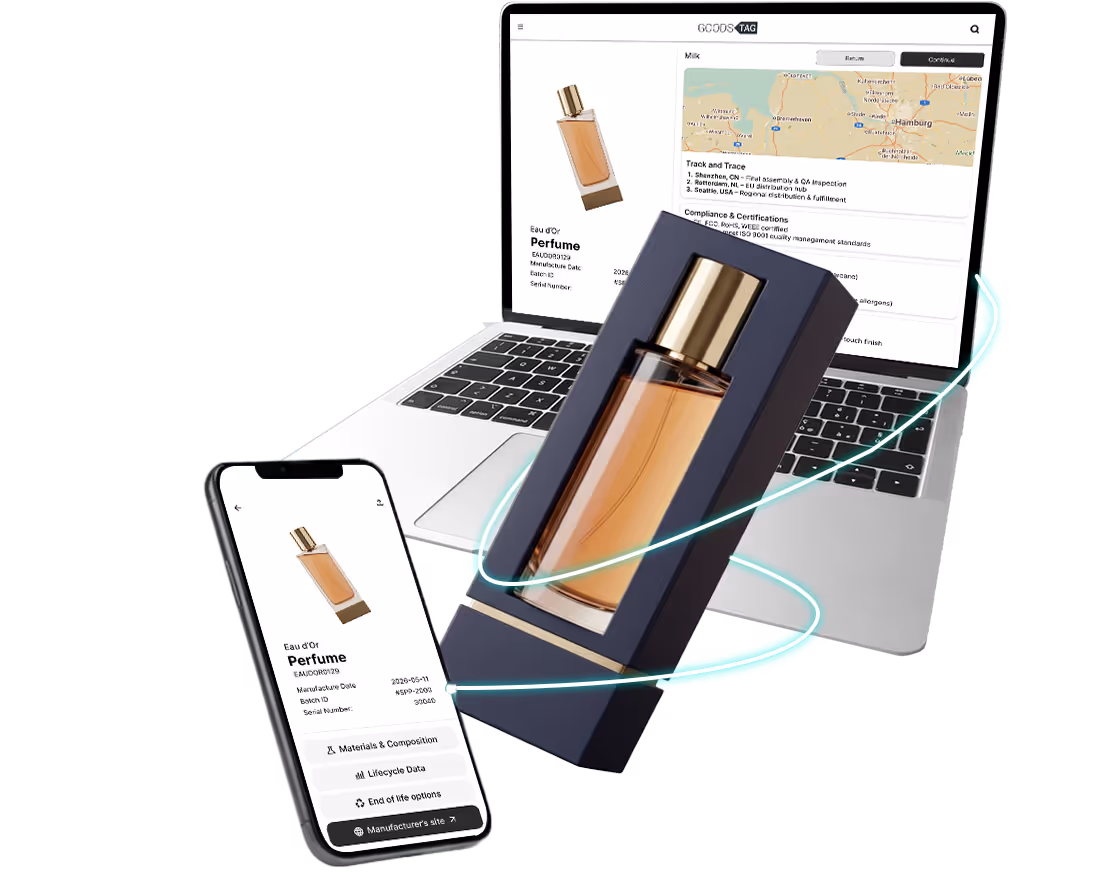 A perfume bottle in dark packaging with digital product data displayed on a smartphone and laptop screen.