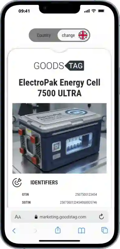 Phone scrolling while showing the capabilities of GoodsTag's Battery Digital Product Passport